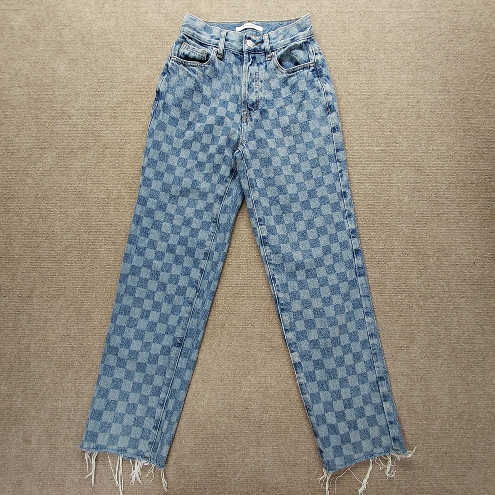 PacSun High Rise Checker‎ Straight Leg 22 Jeans Denim Streetwear Raw Hem Teen